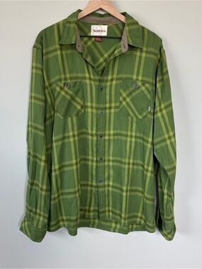 Simms Olive Plaid Long-Sleeve Shirt Tencel Poly Blend Fishing Outdoors XL